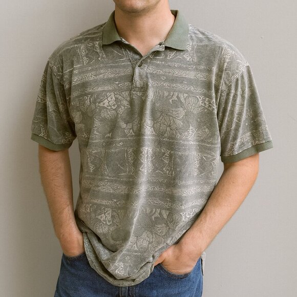 Vintage Bugle Boy Hawaiian Print Polo — Light Green & Tan Floral / 90s / XXL - Picture 1 of 10
